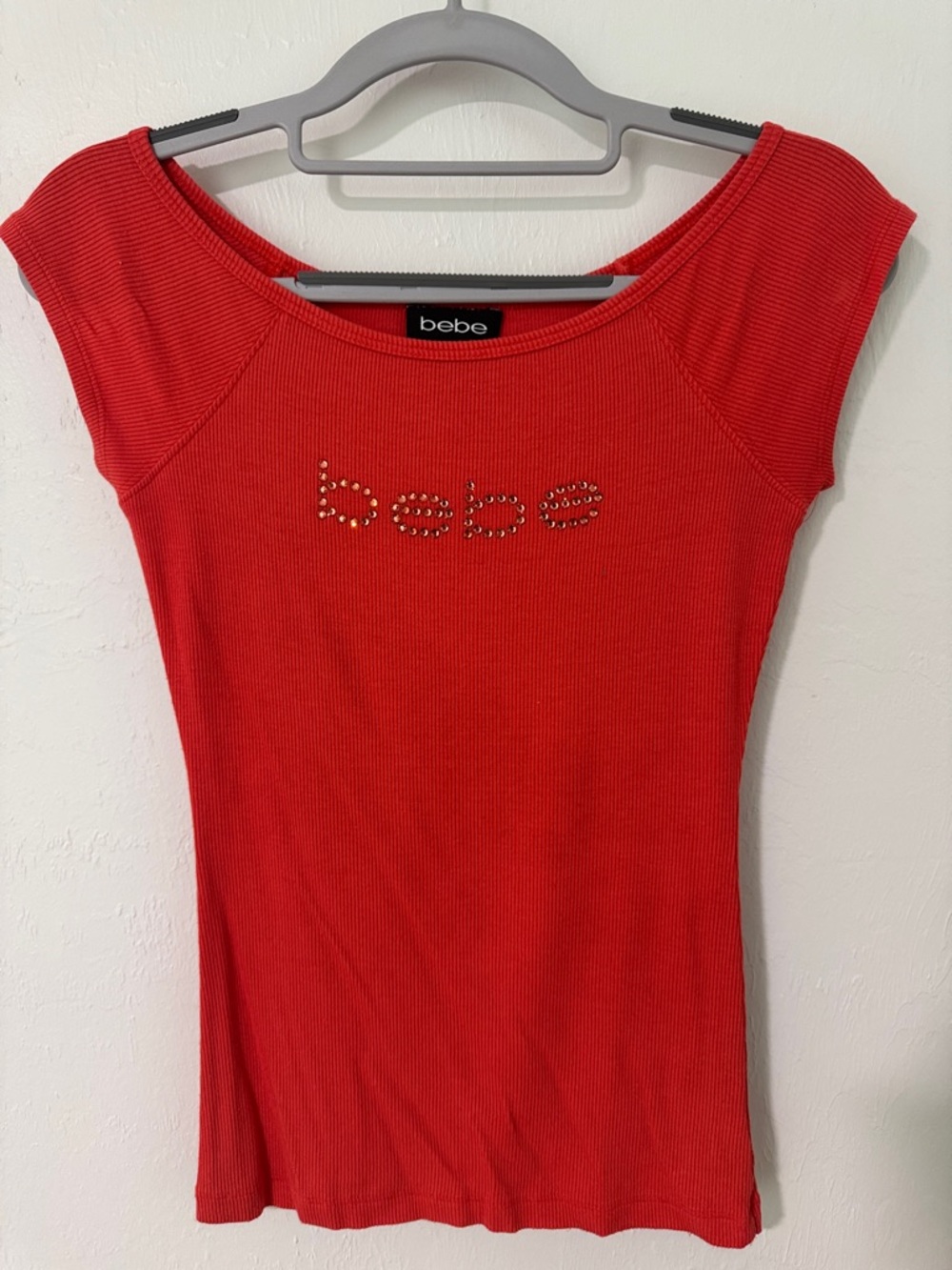 bebe Red Studded Logo Ribbed Short Sleeve Top